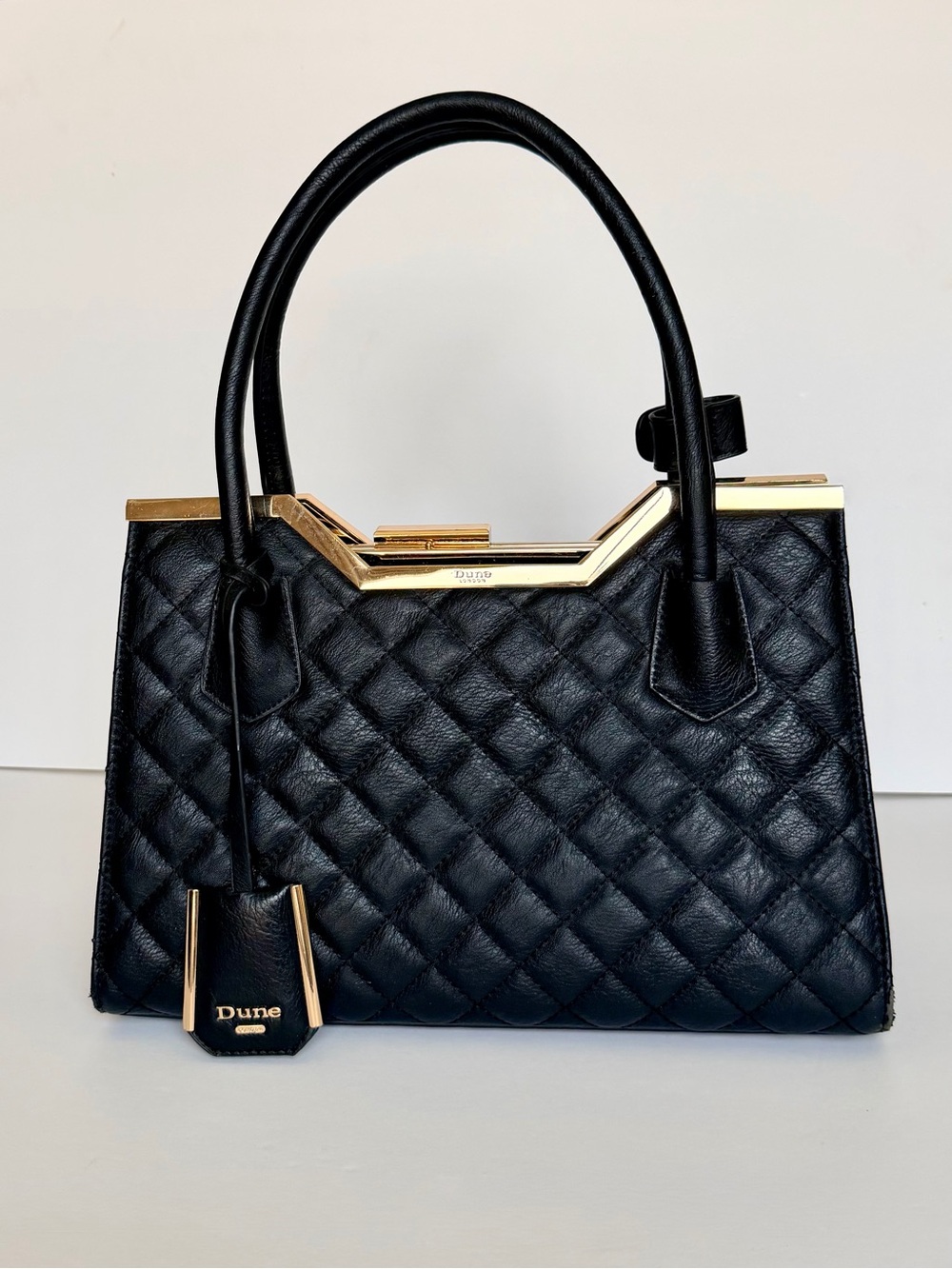 Black Quilted Leather Top-Handle Bag with Gold Trim